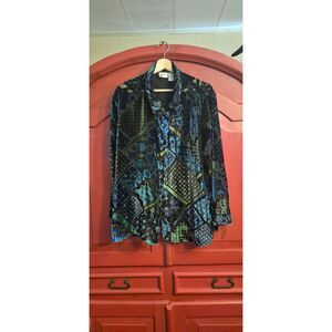 Koret 1X Beautiful Burnout Velveteen Button Down Shirt Blues Green So Pretty EUC